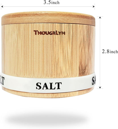 Salt Cellar with Lid, Bamboo Wood Salt Containers for Countertop | Built-In Spoon, Magnetic Swivel Lid, Luminous Engraved SALT Label Holder, 8Oz Kitchen Salt Box for Sea Salt, Pepper & Spices