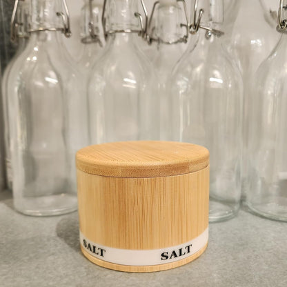 Salt Cellar with Lid, Bamboo Wood Salt Containers for Countertop | Built-In Spoon, Magnetic Swivel Lid, Luminous Engraved SALT Label Holder, 8Oz Kitchen Salt Box for Sea Salt, Pepper & Spices